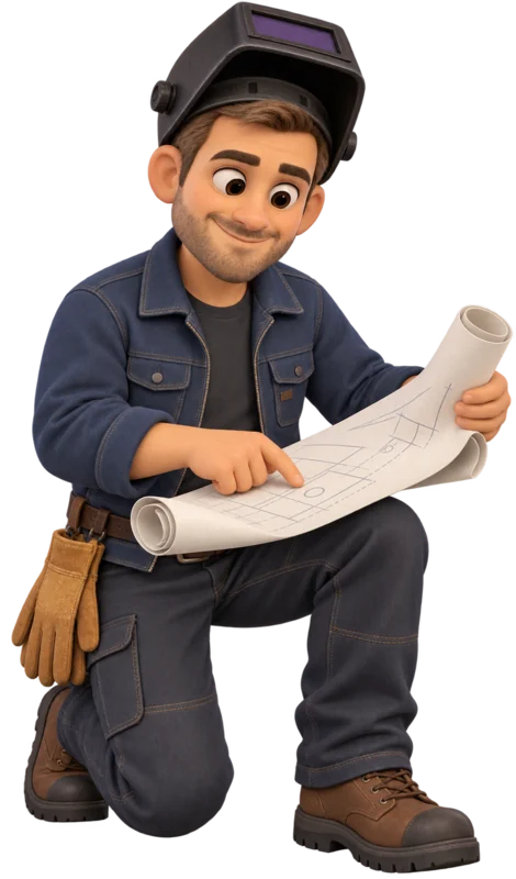 Romet kneeling to inspect a technical drawing