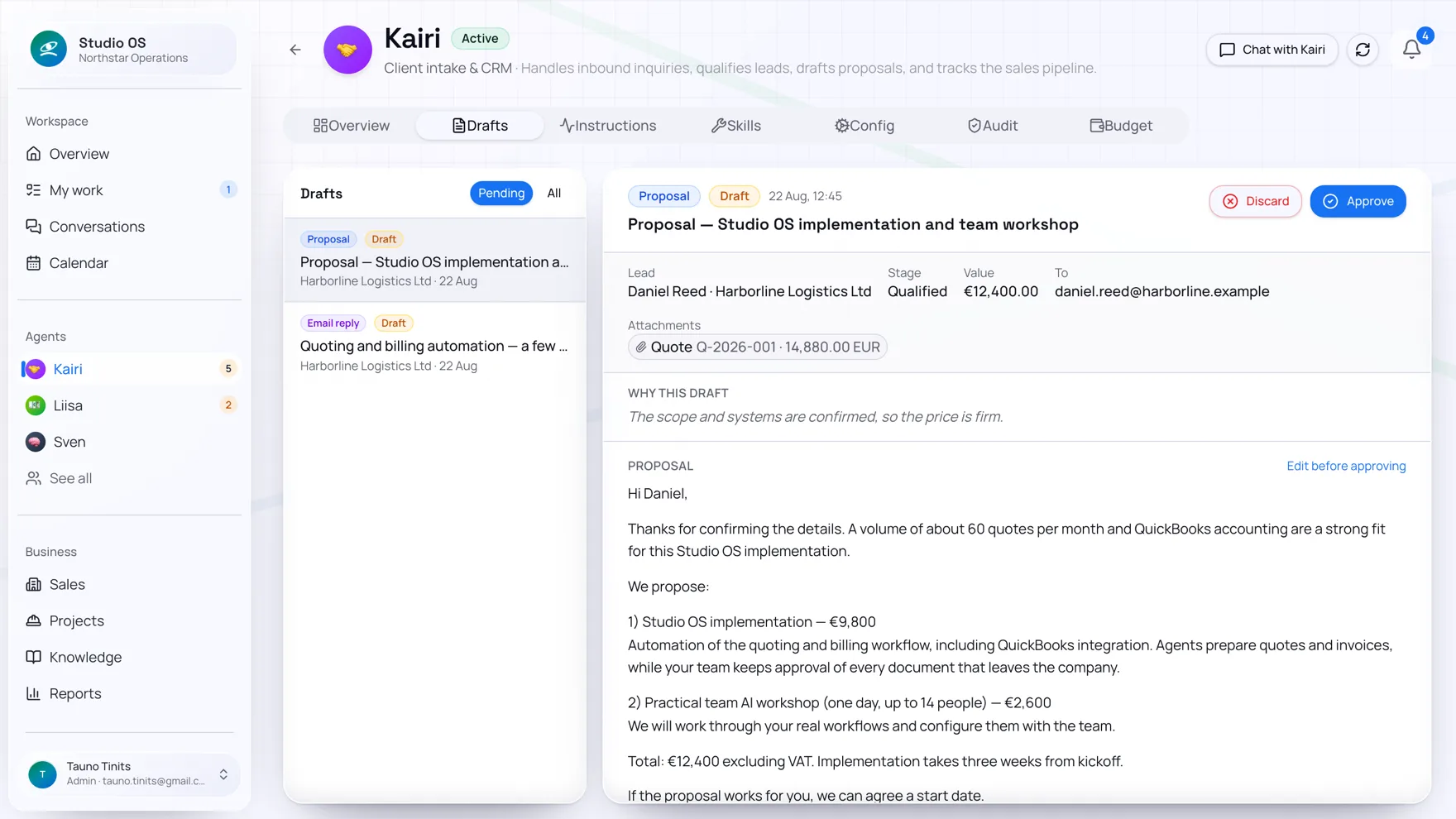 A proposal awaiting approval in Studio OS