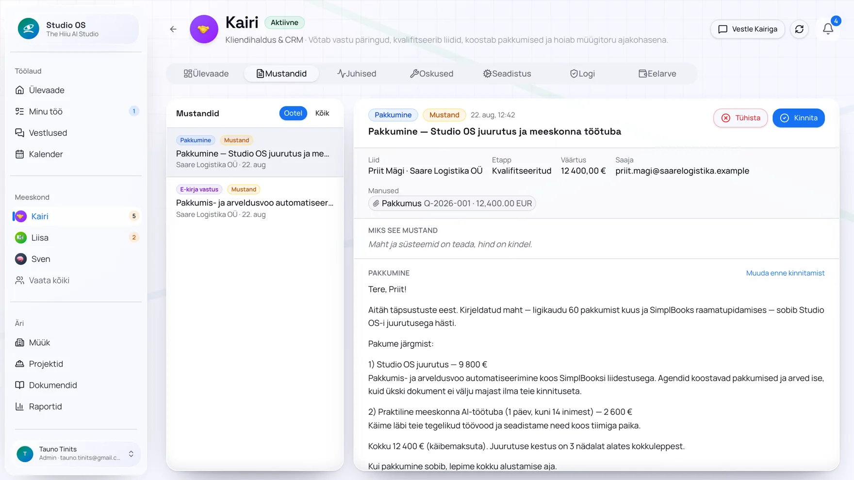 Kinnitust ootav pakkumine Studio OS-is